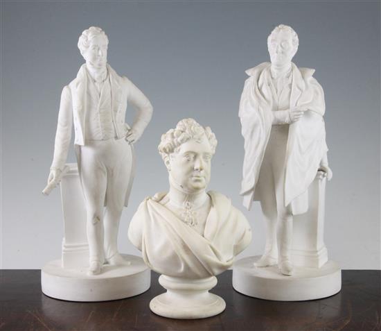 Two Minton biscuit bone china portrait figures and a similar bust, c.1832-40, 18.8cm